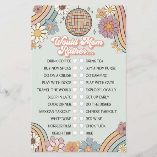 groovy 70s retro baby shower game would mom rather