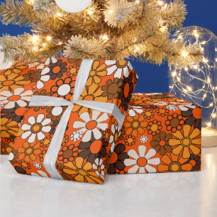 Groovy 70s Retro Floral Orange and Brown Pattern Wrapping Paper