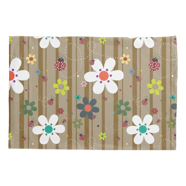 Groovy 70s Retro Hippie Flower Power Ladybug Pillow Case (Back)