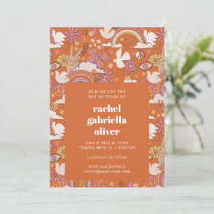 Groovy 70s Retro Hippie Peace Orange Bat Mitzvah Invitation