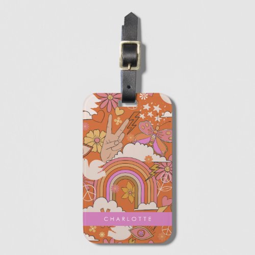 Groovy 70s Retro Hippie Peace Orange Bohemian Luggage Tag