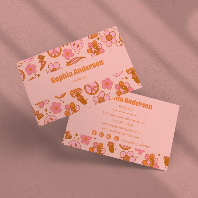 Groovy 70s Retro Hippie Pink & Orange Funky        Business Card (Creator Uploaded)