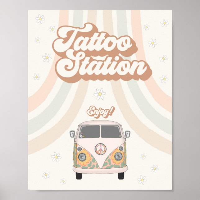 groovy 70s retro tattoo station favor sign (Front)