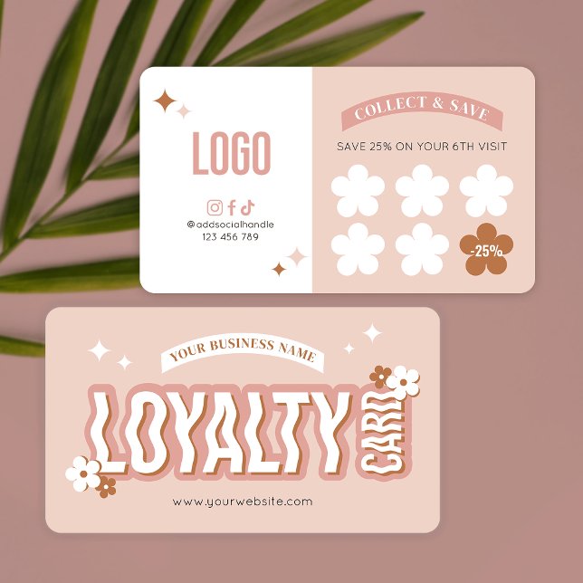 Groovy 70s Retro Trendy Logo Hair Beauty Salon Spa Loyalty Card (Groovy Retro Cream Aesthetic Business Stamp Cards with space for your logo and rewards offer)