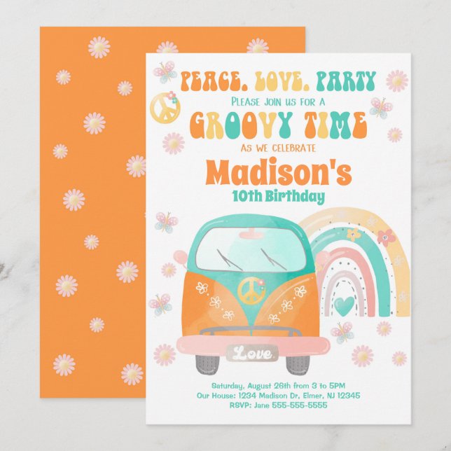 Groovy 70s Themed Birthday Invitation / Hippie Van (Front/Back)
