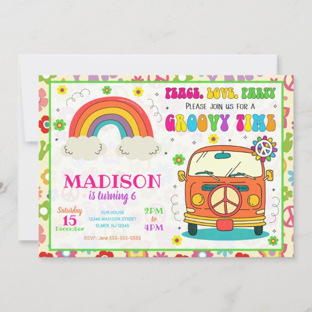 Groovy 70s Themed Hippie Van Birthday Invitation (Front)