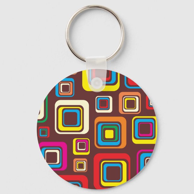 Groovy 70s Tile Pattern Squares On Brown Keychain (Front)