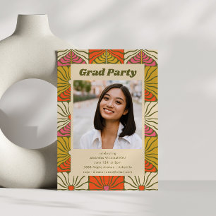 Groovy 70s Vintage Orange Floral Graduation Photo Invitation