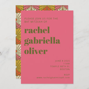 Groovy 70s Vintage Pink Green Floral Bat Mitzvah Invitation