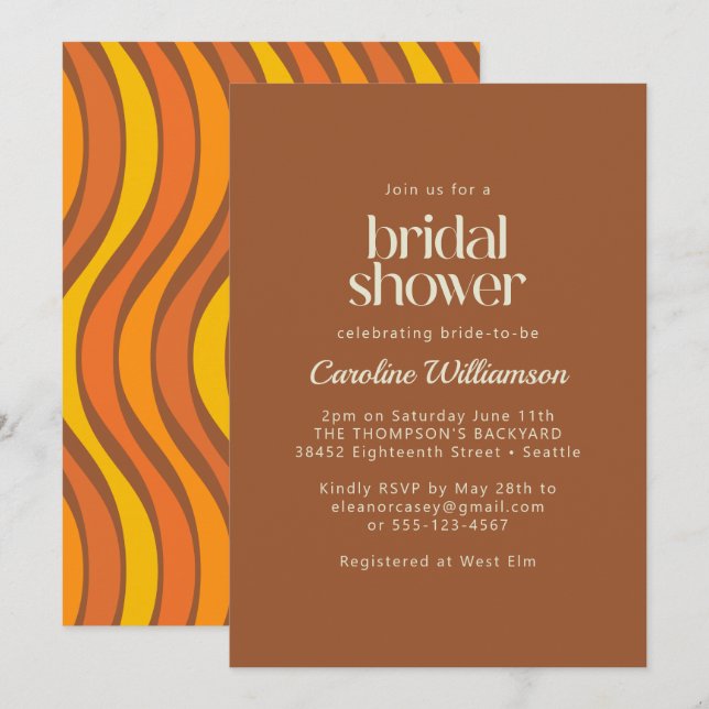Groovy 70s Wavy Lines Orange Brown Bridal Shower Invitation (Front/Back)