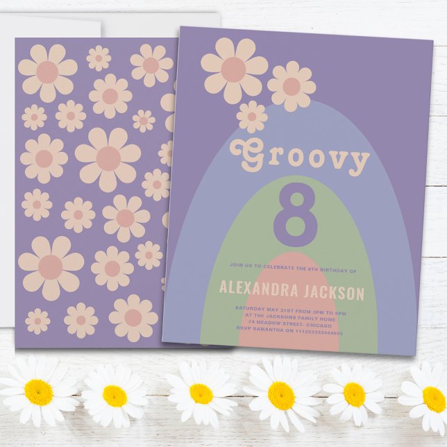 Groovy 8 Retro 8th Birthday Party Budget (Groovy 8 Retro 70s daisy arch pastel 8th birthday party budget invitation )