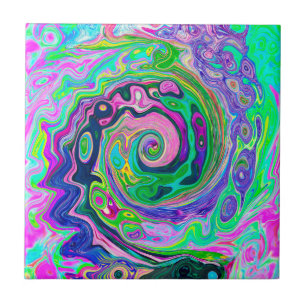 Groovy Abstract Aqua and Navy Lava Swirl Ceramic Tile