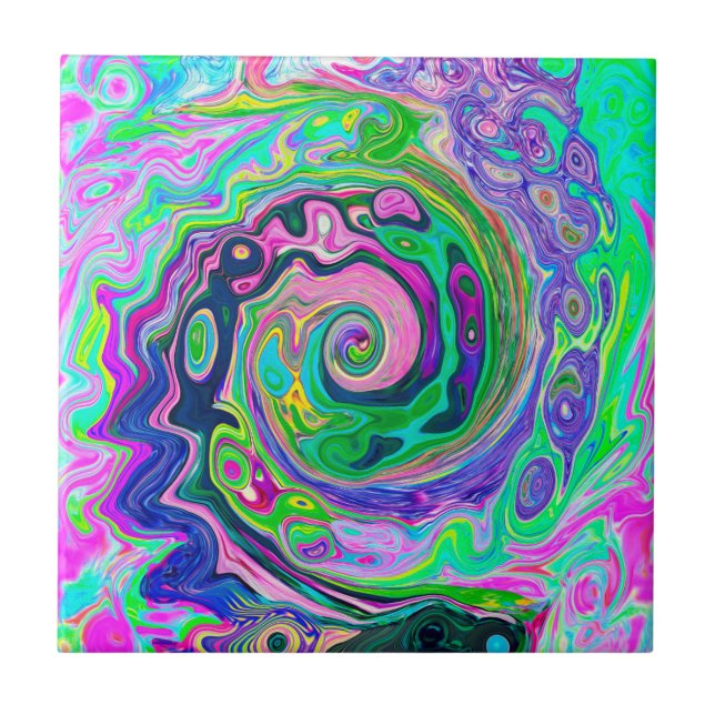 Groovy Abstract Aqua and Navy Lava Swirl Ceramic Tile (Front)