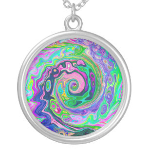 Groovy Abstract Aqua and Navy Lava Swirl Silver Plated Necklace