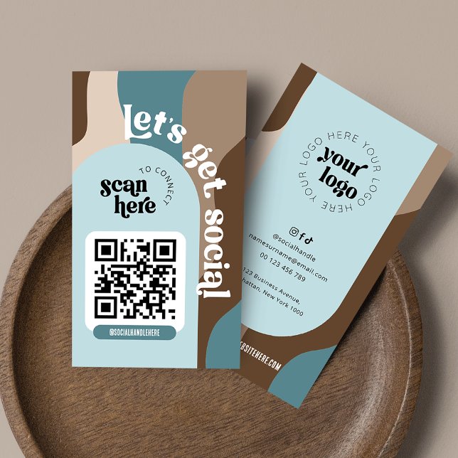 Groovy Abstract Neutrals Social Media QR Code Business Card (Retro groovy QR business cards, great to promote your social media or website)