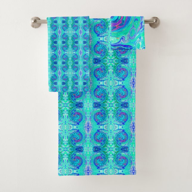 Groovy Abstract Ocean Blue and Green Liquid Swirl Bath Towel Set (Insitu)