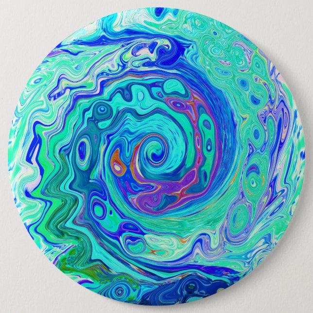 Groovy Abstract Ocean Blue and Green Liquid Swirl Button (Front)