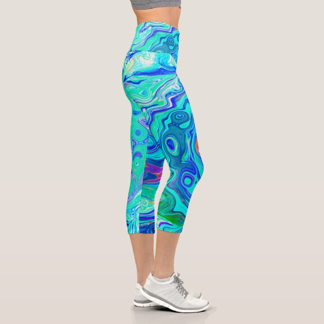 Groovy Abstract Ocean Blue and Green Liquid Swirl Capri Leggings (Right)