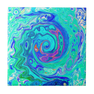 Groovy Abstract Ocean Blue and Green Liquid Swirl Ceramic Tile