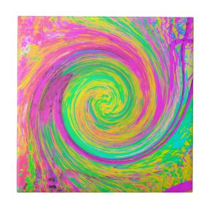 Groovy Abstract Purple and Yellow Liquid Swirl Ceramic Tile