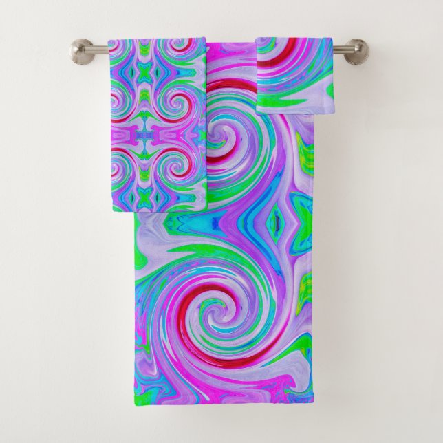 Groovy Abstract Red Swirl on Purple and Pink Bath Towel Set (Insitu)