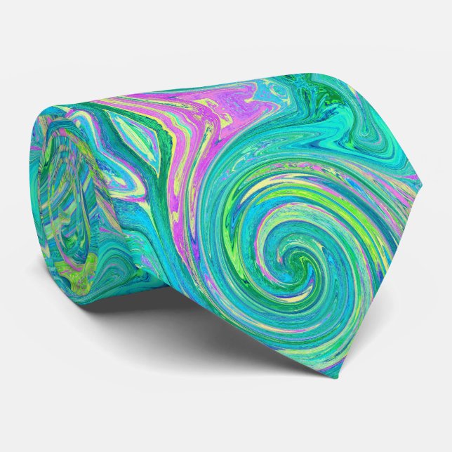 Groovy Abstract Retro Aquamarine Swirl Neck Tie (Rolled)