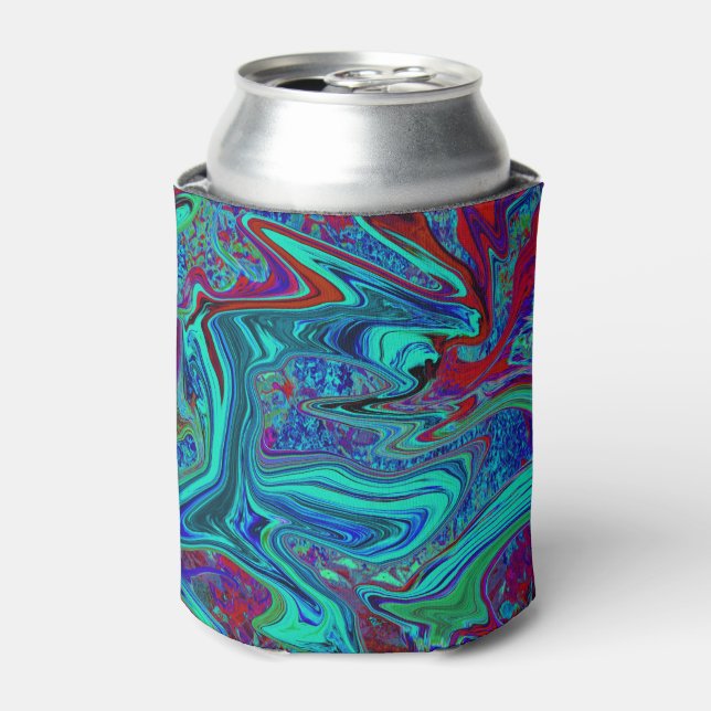 Groovy Abstract Retro Art in Blue and Red Can Cooler (Can Front)