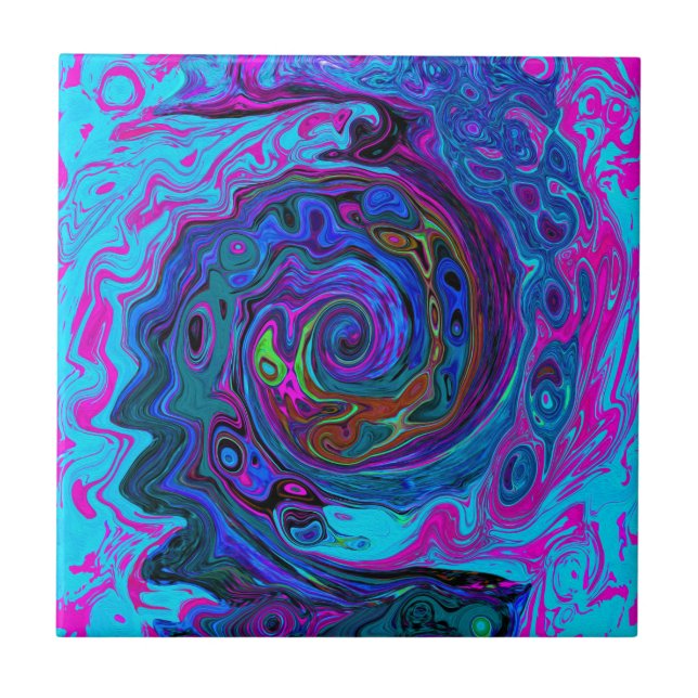 Groovy Abstract Retro Blue and Purple Swirl Ceramic Tile (Front)