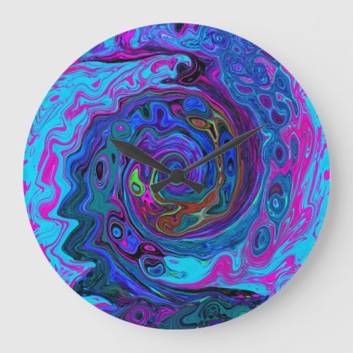 Groovy Abstract Retro Blue and Purple Swirl Large Clock