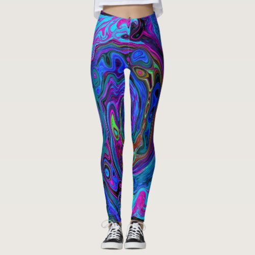 Groovy Abstract Retro Blue and Purple Swirl Leggings