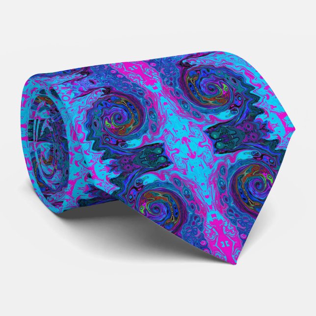 Groovy Abstract Retro Blue and Purple Swirl Neck Tie (Rolled)