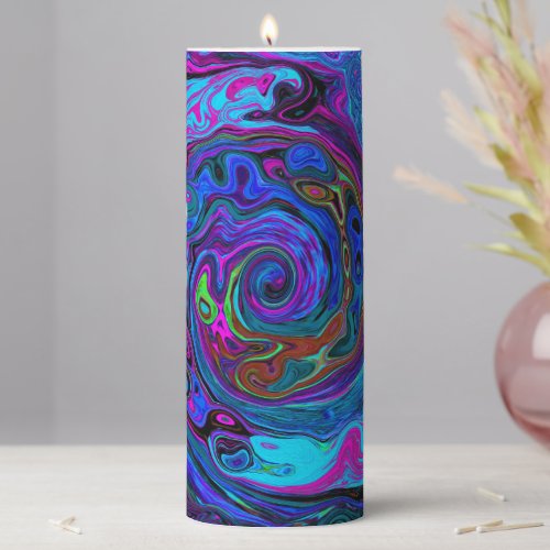 Groovy Abstract Retro Blue and Purple Swirl Pillar Candle