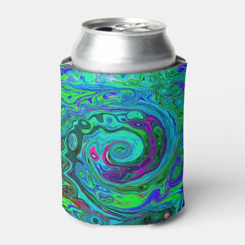Groovy Abstract Retro Green and Blue Swirl Can Cooler