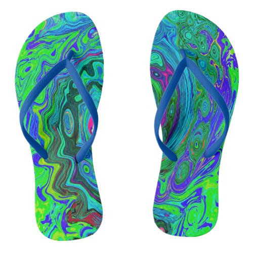 Groovy Abstract Retro Green and Blue Swirl Flip Flops