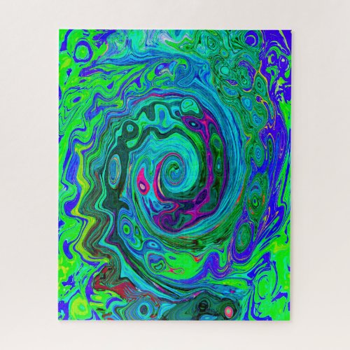 Groovy Abstract Retro Green and Blue Swirl Jigsaw Puzzle