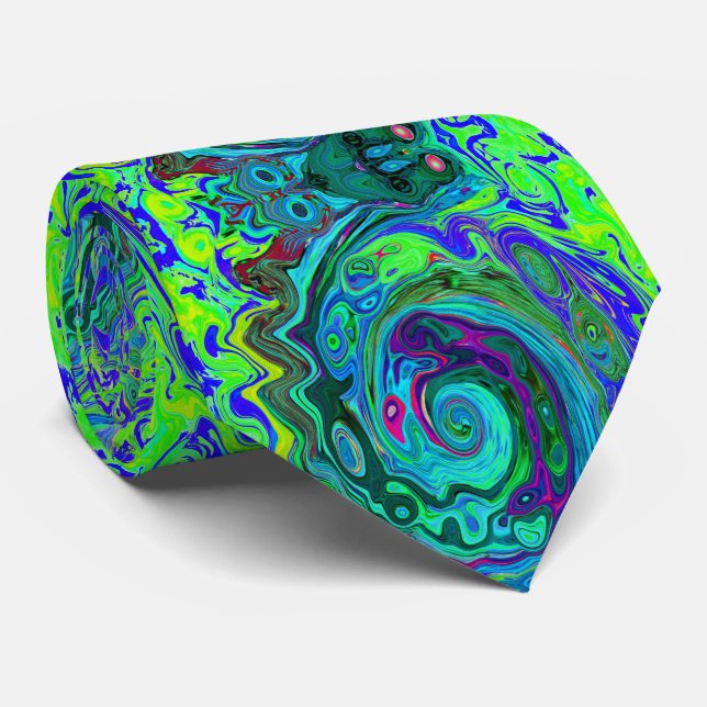 Groovy Abstract Retro Green and Blue Swirl Neck Tie (Rolled)