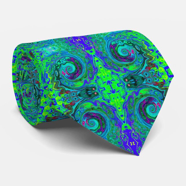 Groovy Abstract Retro Green and Blue Swirl Neck Tie (Rolled)