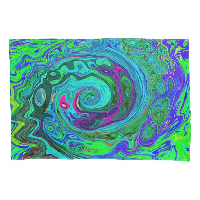 Groovy Abstract Retro Green and Blue Swirl Pillow Case (Front)
