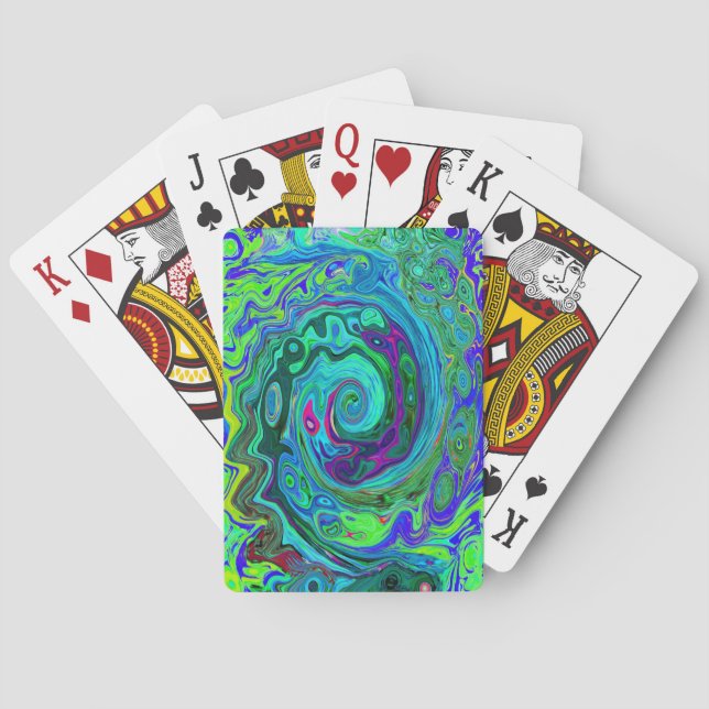 Groovy Abstract Retro Green and Blue Swirl Poker Cards (Back)