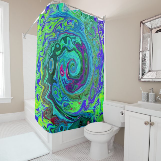 Groovy Abstract Retro Green and Blue Swirl Shower Curtain (In Situ)