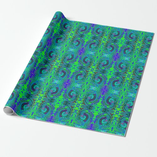 Groovy Abstract Retro Green and Blue Swirl Wrapping Paper