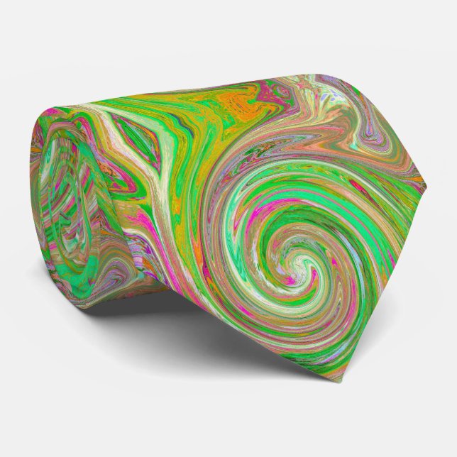 Groovy Abstract Retro Green and Hot Pink Swirl Neck Tie (Rolled)