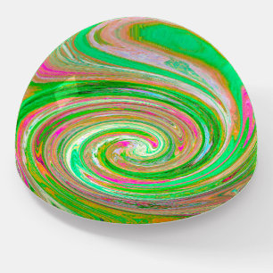 Groovy Abstract Retro Green and Hot Pink Swirl Paperweight