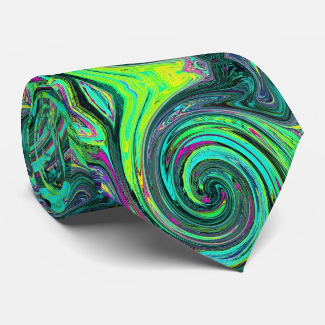 Groovy Abstract Retro Green and Magenta Swirl Neck Tie (Rolled)