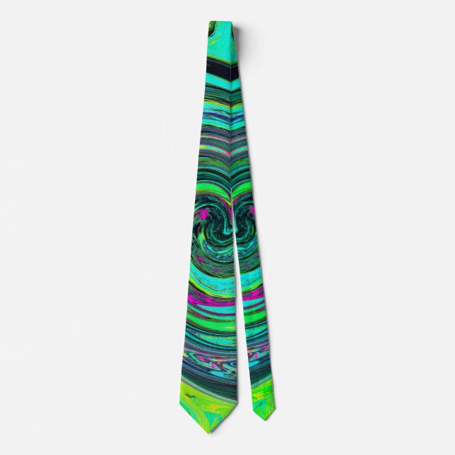 Groovy Abstract Retro Green and Magenta Swirl Neck Tie (Front)