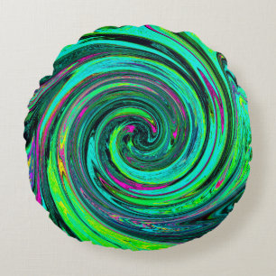 Groovy Abstract Retro Green and Magenta Swirl Round Pillow
