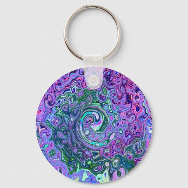 Groovy Abstract Retro Green and Purple Swirl Keychain (Front)