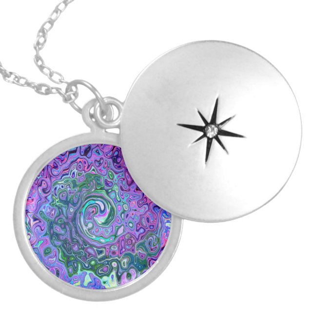 Groovy Abstract Retro Green and Purple Swirl Locket Necklace (Front)