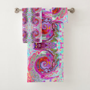 Groovy Abstract Retro Hot Pink and Blue Swirl Bath Towel Set