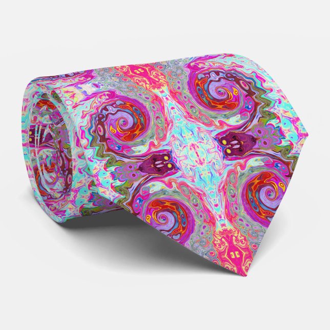 Groovy Abstract Retro Hot Pink and Blue Swirl Neck Tie (Rolled)